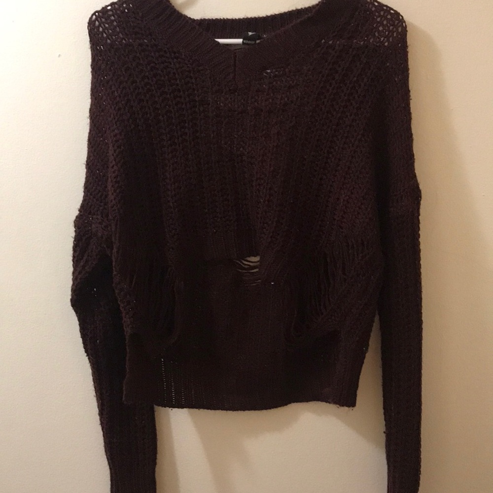 Distressed cropped loose knit sweater